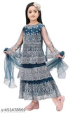 Fancy Party/Festive Wear Round Neck Mirror Work /Embroidery Work Sleevless Full Length Net Stylish Lehenga Choli For Beautiful Kids Girls(Blue)