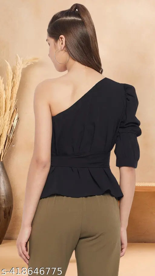 WineRed Women Black One shoulder top with self belt