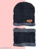 Pack of 1 black woolen winter beanie cap with neck warmer muffler combo for men women