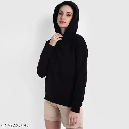 LARSSST Women Black Round Neck Solid Full Sleeve Hoodie's