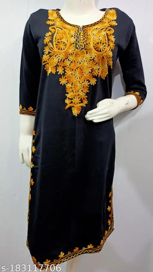 Nav by Naya Stylish Black Over Yellow Embroidered Woolen Kurti for Women