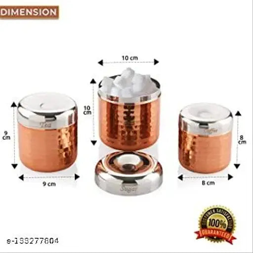 Premium Copper Jar Container Set of 3 for Tea, Sugar, Coffee, Dryfruit, Masala Kitchen Dabba Set Storage Set Organiser Sugar Tea Coffee Dryfruit Cannister Set Gifting for home