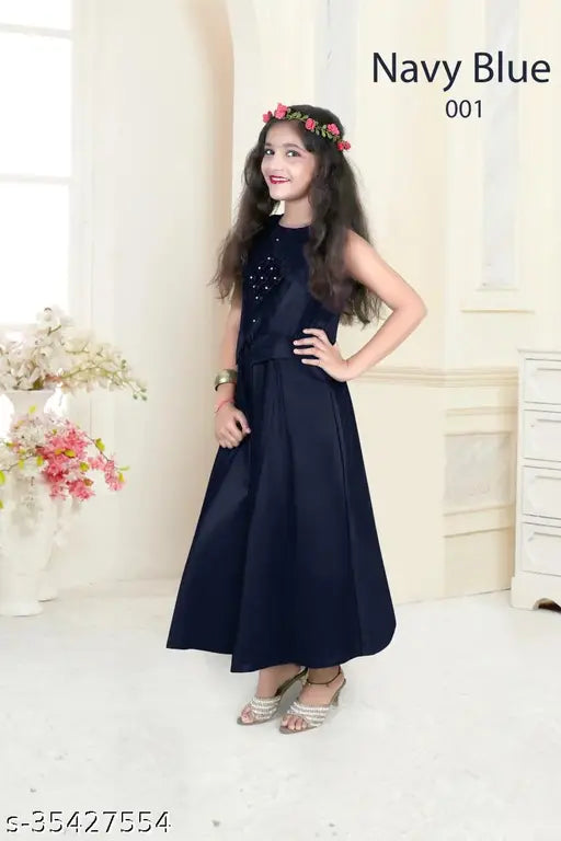 Girls Navy Blue Poly Silk Ethnic Gowns