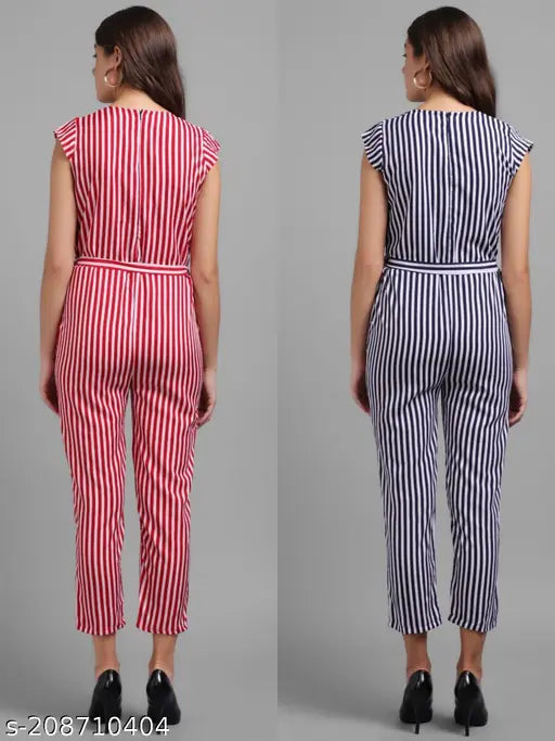 Vivient Women Red and Blue Striped Jumpsuite ComboJumpsuits