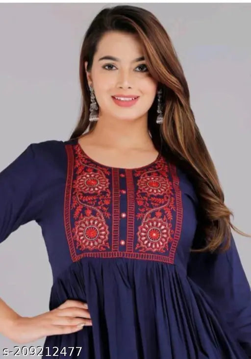 Rayon Embroiderd Navy Blue Anarkali Kurti For Women/Girls