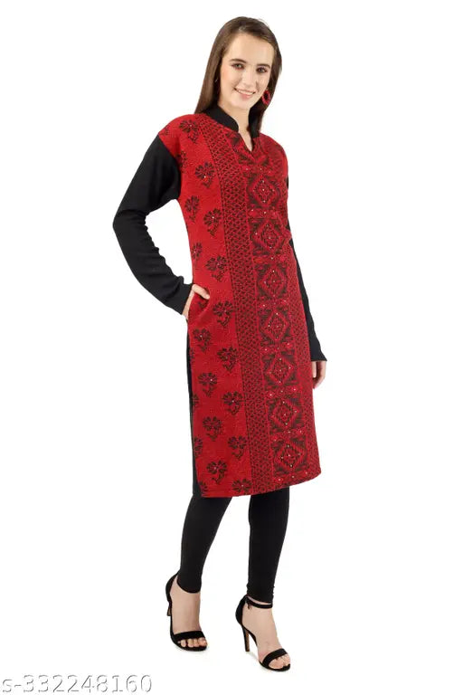 BLUSHH COLLECTION Women's Geometric A-line Mandarin Maroon Kurtis & Kurtas