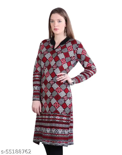 Women's A-line Printed Red Woollen Kurti