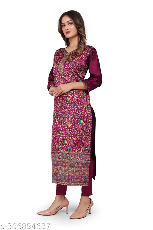 Women's Embroidered Floral Print Pushmina Straight Kurti(Purple)