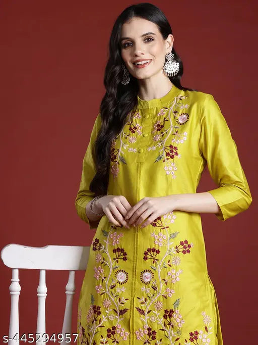 Lemon Yellow Cotton Blend Multi Embroidered Tunic With Trouser Co-ord Set