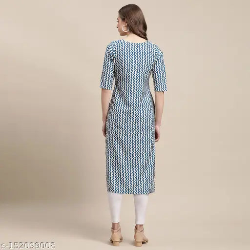 Stylish Women's Crepe White & Blue Color Zig Zag Printed Straight Kurti