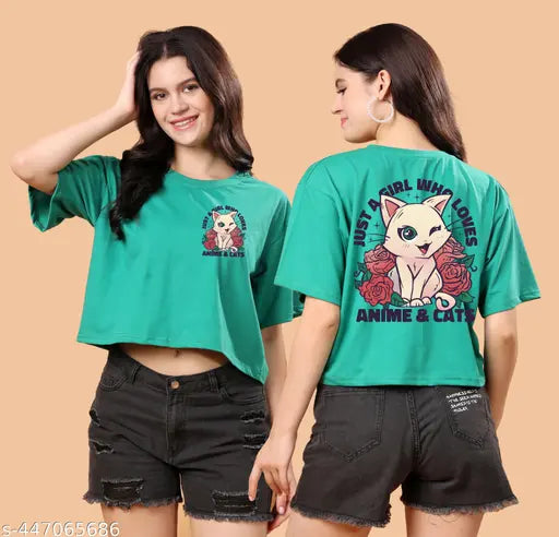 SWIFTLY Womens/Girls Crop Top Oversized Anime DTF Printed Half Sleeve T-shirts