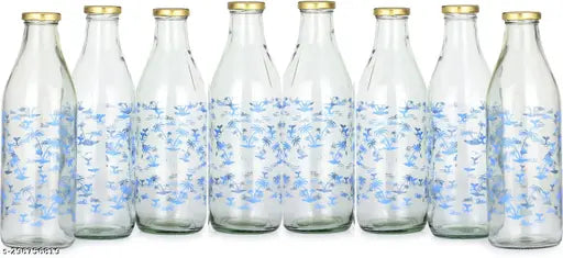 Blue Tree Glass Water/Milk Bottle, Metal Metal Cap, 1000ML, Pack Of 8