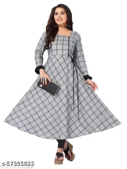 Kapadia Rayon Long Grey Checks Kurti for Festive and Formal Wear