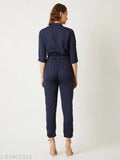 Miss Chase Women's Solid Round Neck Navy Blue Jumpsuits