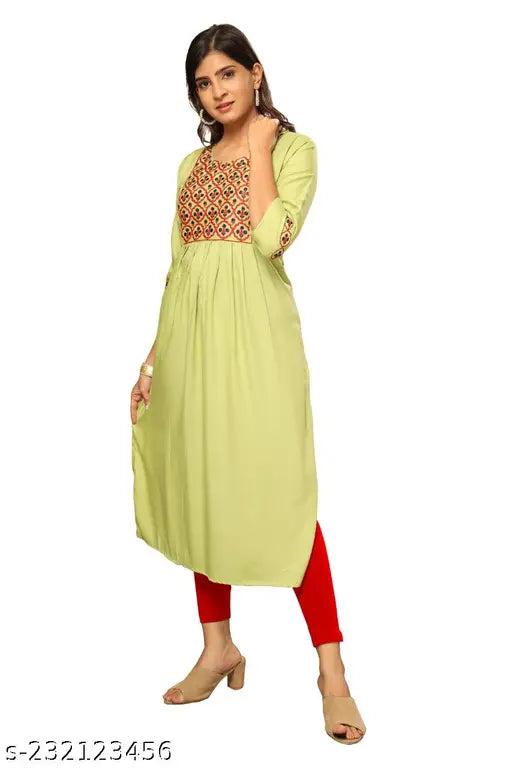 Embroidered Kurti, Nayra Cut Kurti, Rayon Cotton Kurti