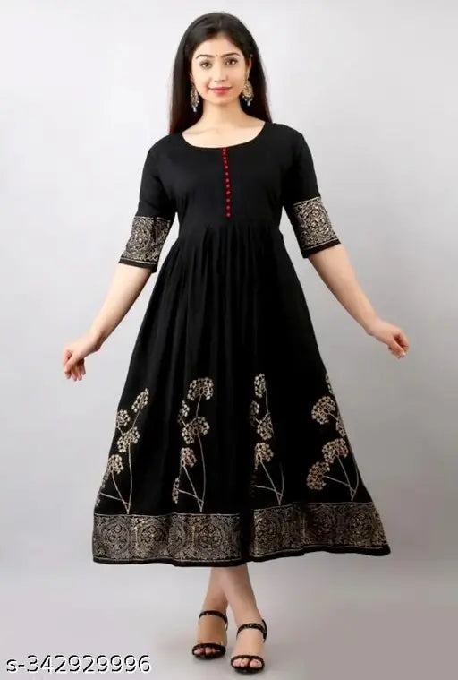 Traditional Flower Printed Anarkali Kurta For women And Girl(Black)