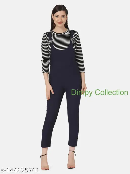 Dimpy Garments Navy Full Length Women Dungaree Dress with Striped Top