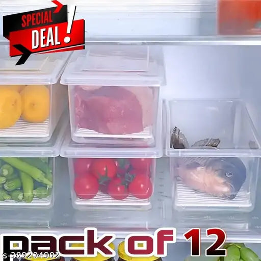 (12_PCS_ ) PLASTIC FRIDGE ORGANIZERS STORAGE BOX , CONTAINER KITCHEN , FREEZER FOOD BASKETS , VEGETABLES , FRUITS , FISH , MEAT ,CHERRY , EGG , DRY FRUITS , AIRTIGHT LID , 1500 ML