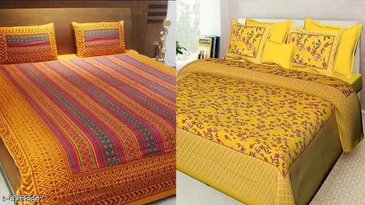 Pure Cotton Jaipuri Bedsheet Combo Pack 2 Bedsheet with 4 Pillow Cover (Pack of 2)