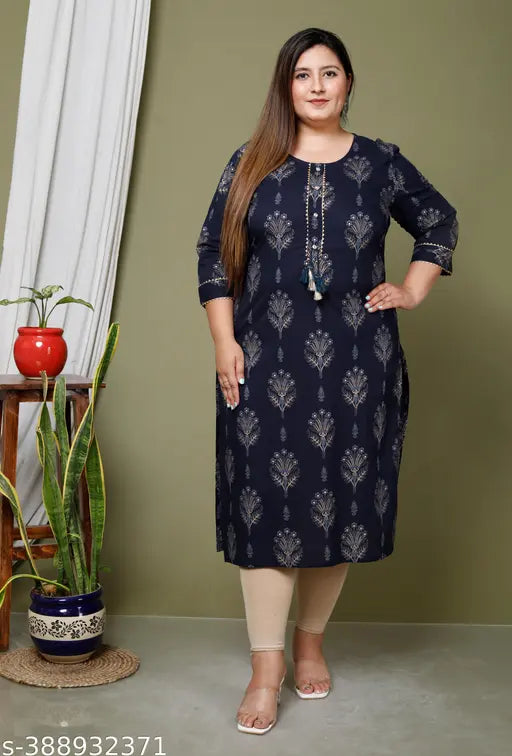 Gyapti Women Floral Print Plus Size Cotton Straight Kurta (Blue)