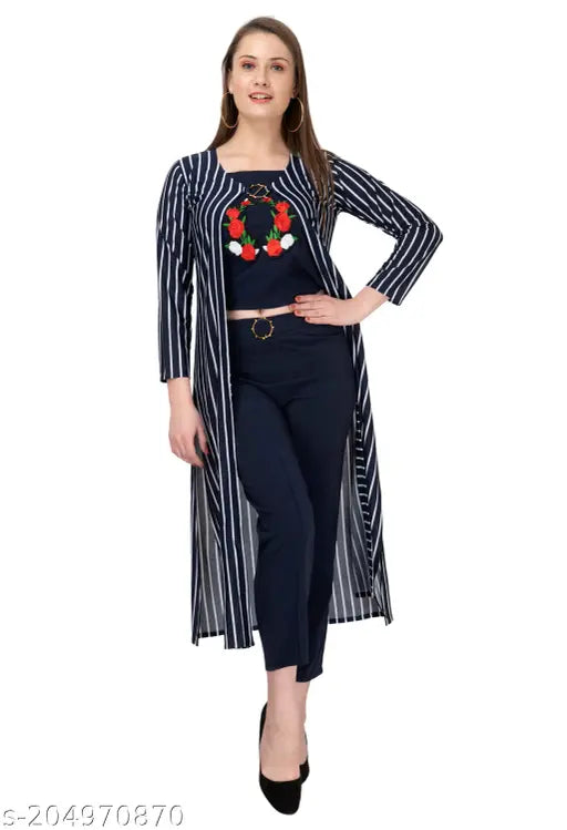 Stylish Feminine Women Pretty Trendy Latest Stylish Fashionable Regular Fit Casual Western Wear Navy Blue Striped Shrug Three Pieces Dress Full Kurta Set-1 Striped Full Length Fancy Navy Blue Shrug, 1 Embordered Navy Blue Top & 1 Full Length Navy Blue