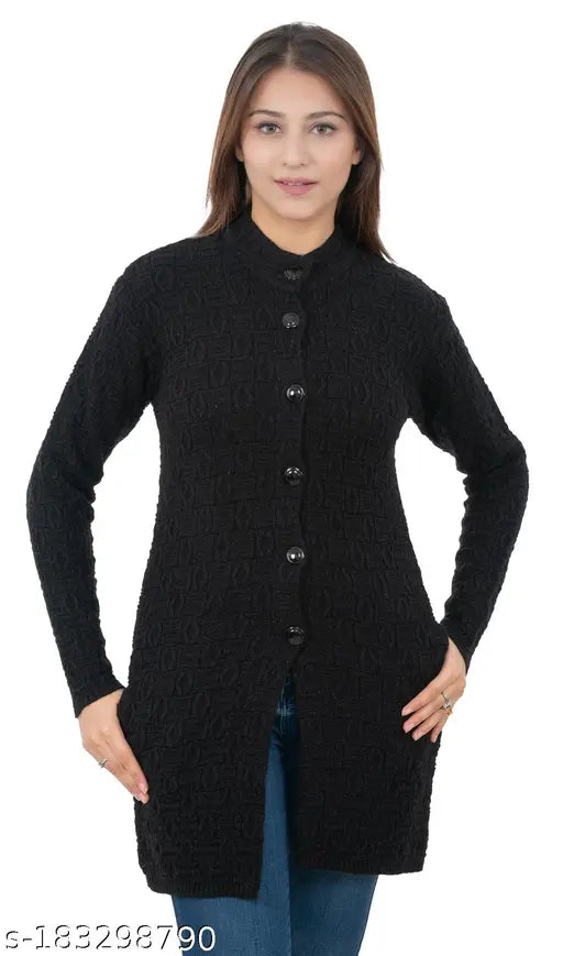 Dart Line Winter Wear Acrylic Wool With Side Pockets Cardigans For Women's