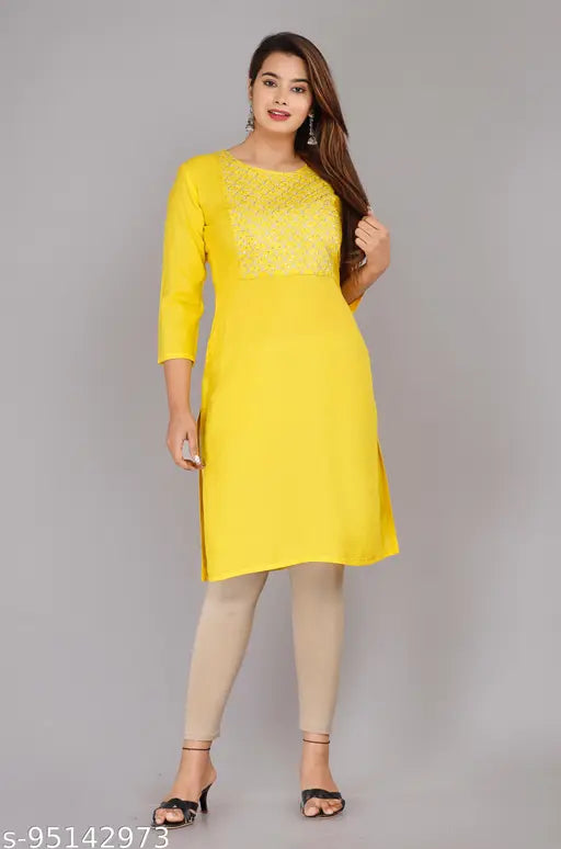 JD YELLOW COLOUR STRAIGHT EMBROIDERED KURTI