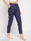 First Krush Navy Blue Printed Rayon Cotton Full Length Women's Straight Pyjama