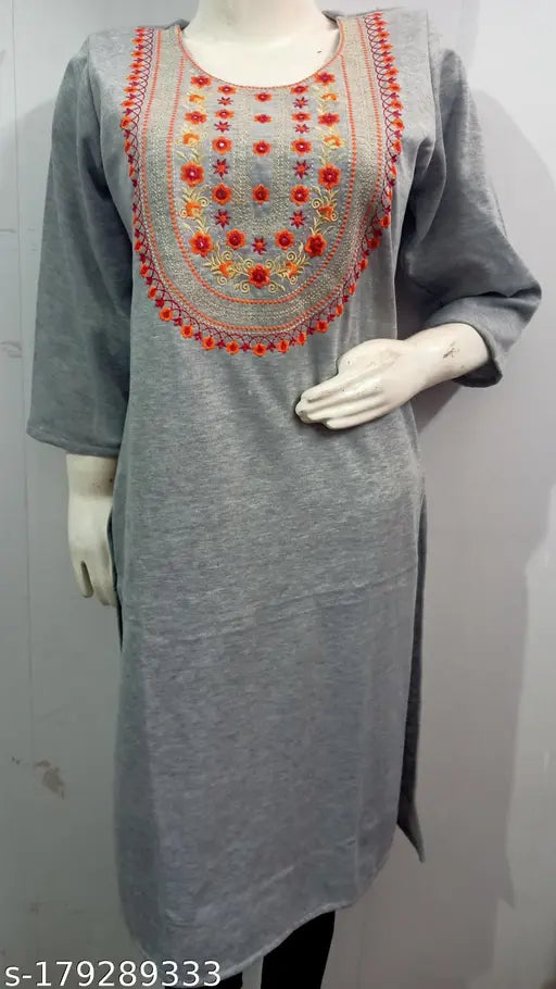 Camellias Stylish Grey U Flower Embroidered Woolen Kurti for Women