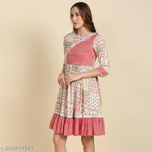 Madhuram Textiles Designer Women Short Western Style with Floral Print and Regluar Two ton rayon foil print Frock Style Fully Stitched Short Dress