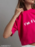 New I M FINE Print Pink Color Round Neck Half Sleeve Crop T Shirt For Girls/Women's