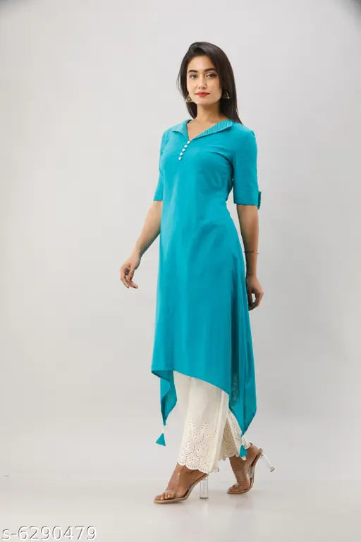 Japer Kurti Women's Cotton Slub Solid Teal Blue Color Embroidered Collar Assymetrical Hem Kurti