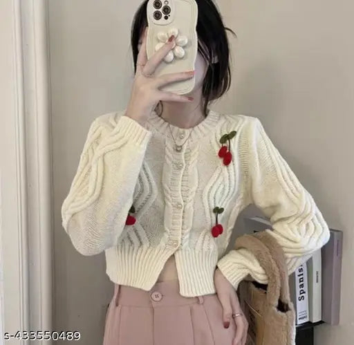 Imported Winter Cherry Cropped Elegant Cardigan Sweater