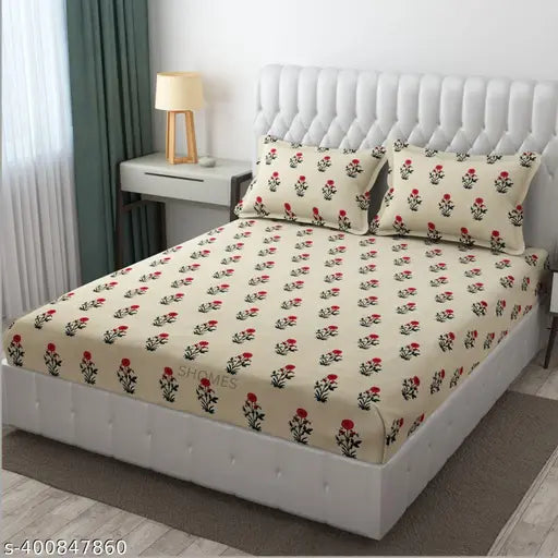 """"250 Tc Premium Soft Cotton Elastic Fitted King Size""""Double Bed Sheet""""With Two Pillow Covers- All Around 360 Elasricated Floral Sheet- 72x78x8 Inches, Color Cream""""