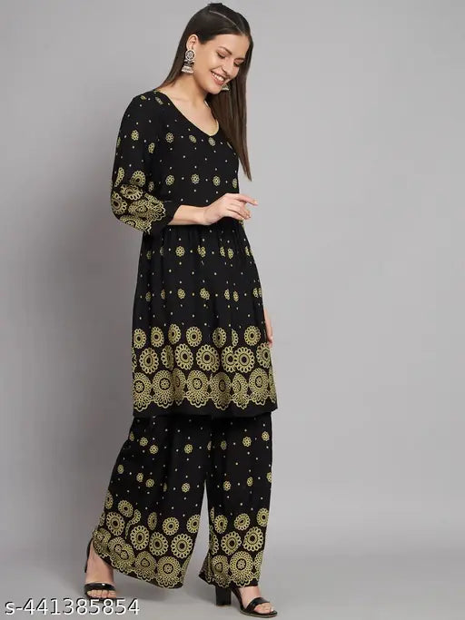 Floral Printed Pleated A-Line Kurta With Palazzos