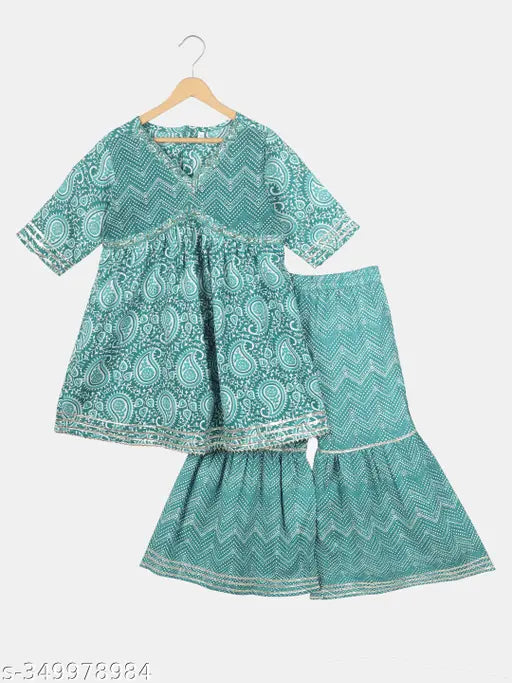 Teal Paisley Printed Rayon Kurta and Sharara Set