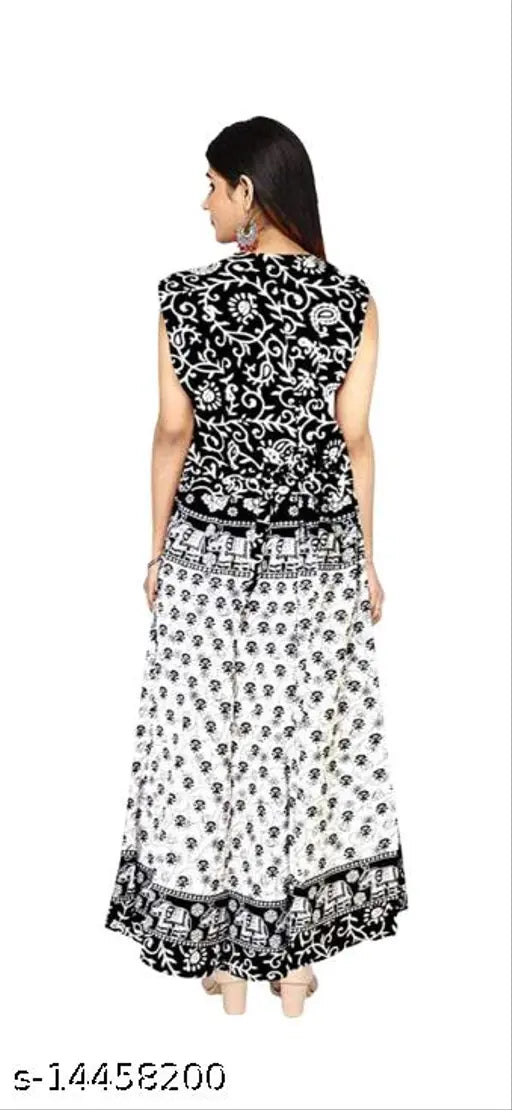 Womens's Long Length Pure Cotton Jaiprui Printed Maxi Dress (Black, White)/ FREE SIZE DRESS FOR WOMEN