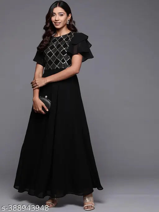 Our black solid tone maxi dress features a round neckline with a stylish keyhole detailing at the back, and statement ruffled sleeves. Adorned with embellished sequins, this charming style is perfect for festive celebrations.