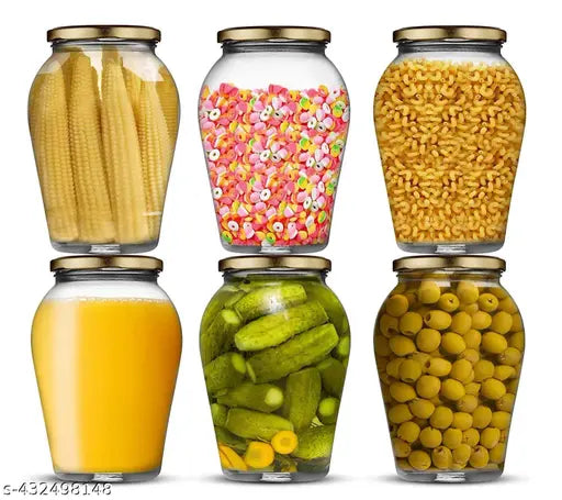 1 Liter Glass Jars with Airtight Golden Lids Kitchen ContainerSet Kitchen Accessories Storage Big Mason Jar and Containers Transparent Matka Shape 1000ml Bottles For honey, jams, pickles, chocolates, Masala, Dry Fruit (Pack Of 6)