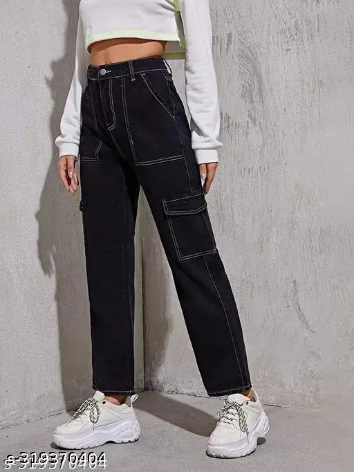 ZESHE MESHE Women's Solid Denim Jeans Relaxed Fit Denim Trousers for Women Cotton Baggy Pants for Women straight fit Jeans for Women