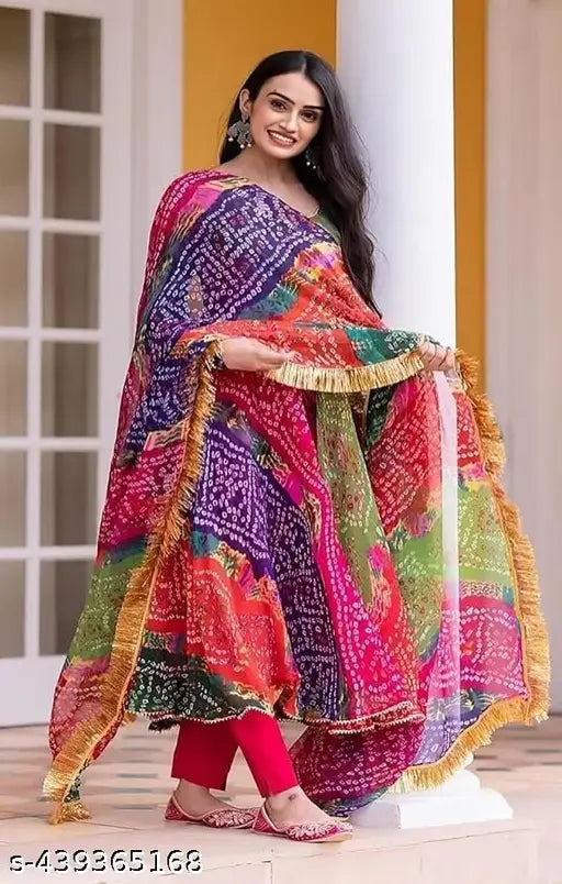 Women's Vibrant Multicolor Delta Gown with Matching Fringe Dupatta