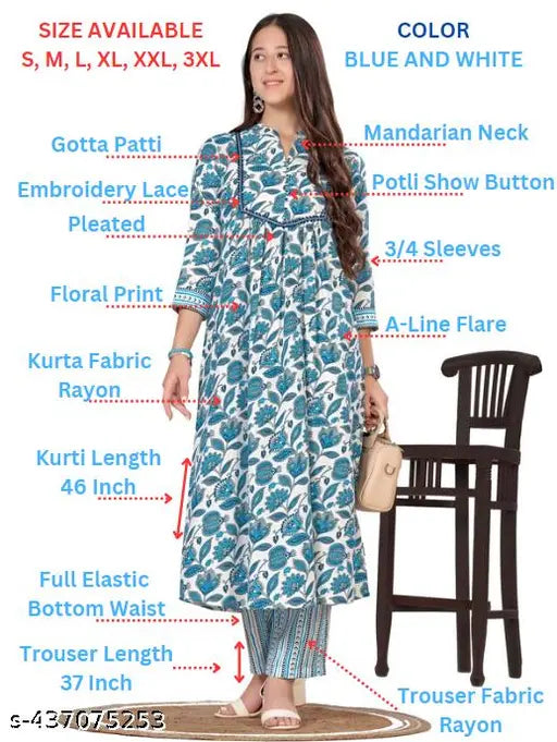 Blue & White Floral Printed Cotton Blend Rayon Anarkali Kurta Pant Set with Pockets Gotta Patti Detailing 3/4 Sleeves