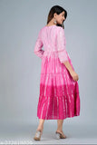 Pink Colour Cotton Lurex Ombre Dyed Flared Tiered Dress