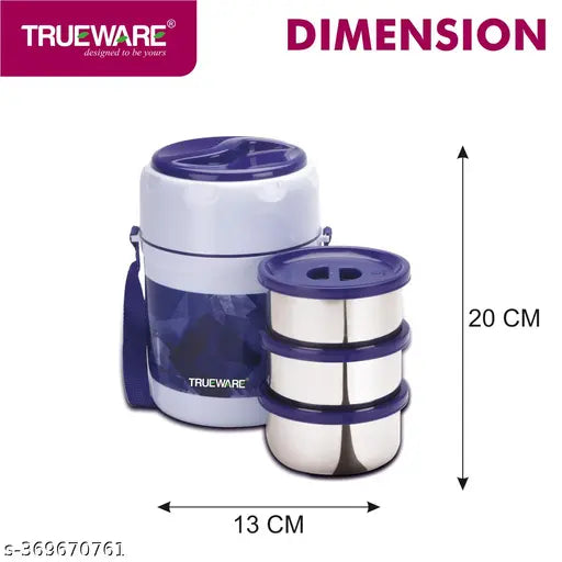 Trueware Fresh Meal Plus 3 Thermoware lunch box with 3 Stainless Steel Contianer-Dark Blue