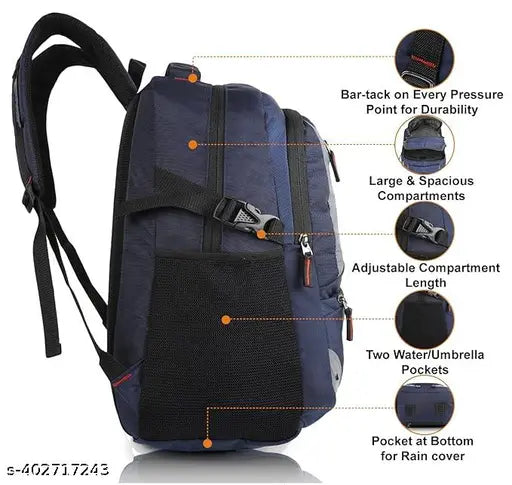 SNAZZY FASHION Large 35 L Backpack Spacy Unisex/College/School/Travel Backpack with Rain Cover and Reflective Strip (NAVY BLUE)