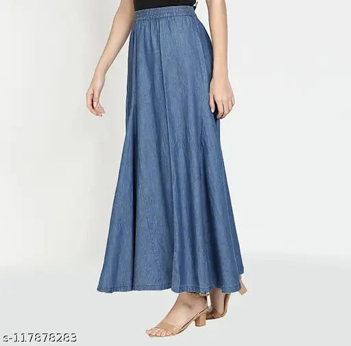 Western Long Ankle Length Denim Blue Skirt With Elastic Pattern |Denim Skirts |Skirts |Skirts For Women |Ankle Length Skirts |Long Skirts |Women Skirts|