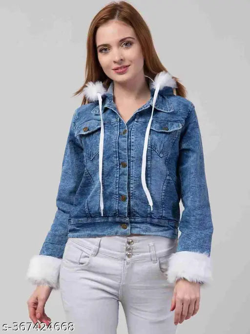 Trendy women Blue Denim full sleeves buttoned cropped jacket with Collar Sleeves Furr