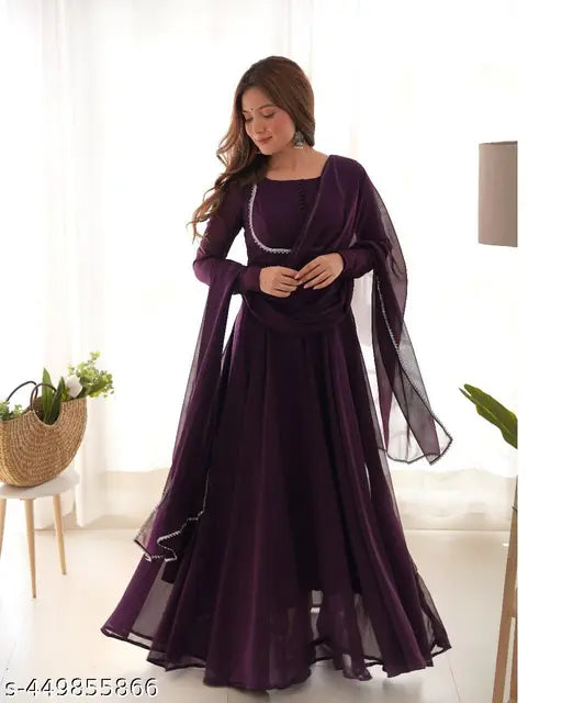 Women Purple Anarkali Fit and Flare Gown with Dupatta |