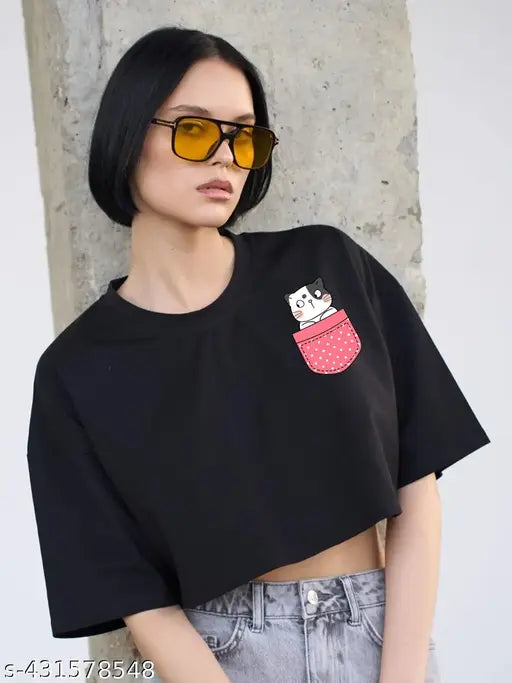 Excuse Me Polka Cat -Black Color Half Sleeve Cropped T-Shirts Drop Shoulder Round Neck Crop Tops Casual Summer Solid Color Women's & Girl's Basic Tees