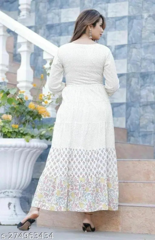 Divine Rayon White Color Multi Print Emroided Yoke Long Layered Anarkali Kurtis For Gilrs And Womens